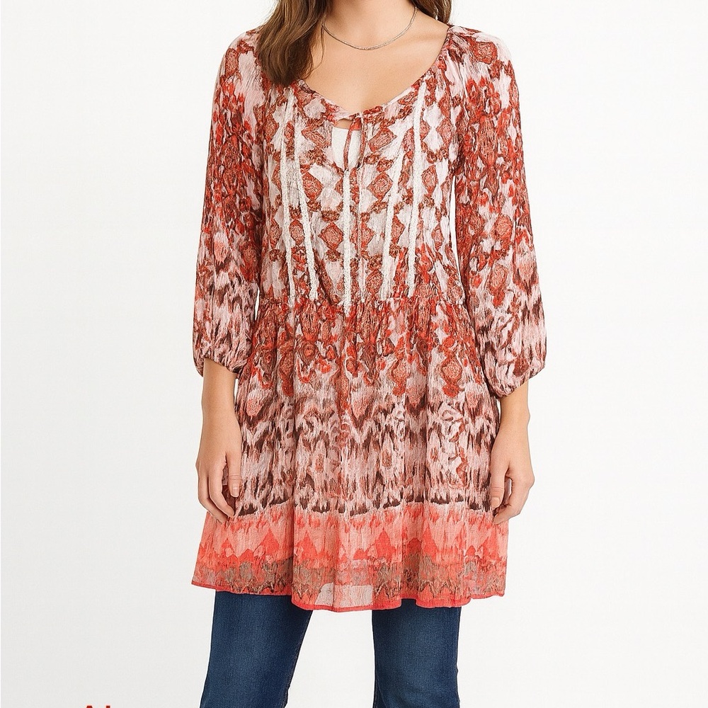 Maurices Sheer Boho Peasant Dress Tunic Top Fall Colors Elastic Waist & Cuffs M